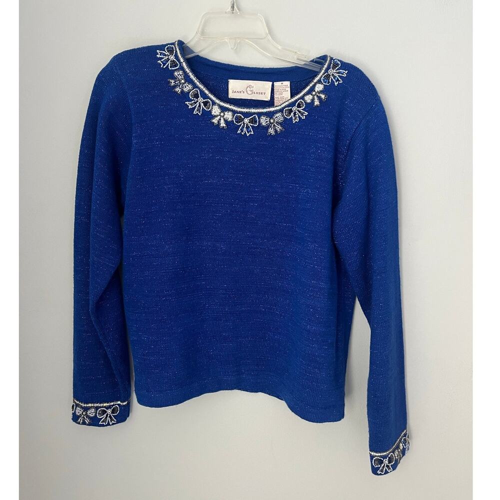 VTG Jane's Closet Sweater Bows Beaded Metallic Blue Holiday Christmas Medium
